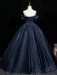 Vintage / Retro Navy Blue Bow Satin Prom Dresses 2025 Ball Gown Off-The-Shoulder Short Sleeve Backless Floor-Length / Long Formal Dresses