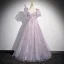 Elegant Lavender Beading Prom Dresses 2024 Ball Gown Square Neckline Puffy Short Sleeve Backless Bow Floor-Length / Long Prom Formal Dresses