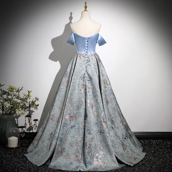 Elegant Sky Blue Printing Prom Dresses 2025 A-Line / Princess Off-The-Shoulder Sleeveless Backless Floor-Length / Long Prom Formal Dresses