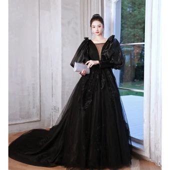 Charmant Noire Robe De Soirée 2023 Princesse V Cou Gonflée 3 4 Manches Dos Nu Tribunal Train Soirée Robe De Ceremonie
