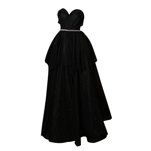 Charming Black Sequins Prom Dresses 2022 A-Line / Princess Organza Strapless Sleeveless Backless Rhinestone Sash Floor-Length / Long Prom Formal Dresses