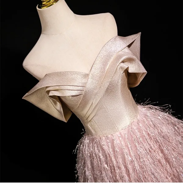 Fashion Blushing Pink Glitter Tassel Prom Dresses 2025 Ball Gown Off-The-Shoulder Short Sleeve Backless Floor-Length / Long Prom Formal Dresses