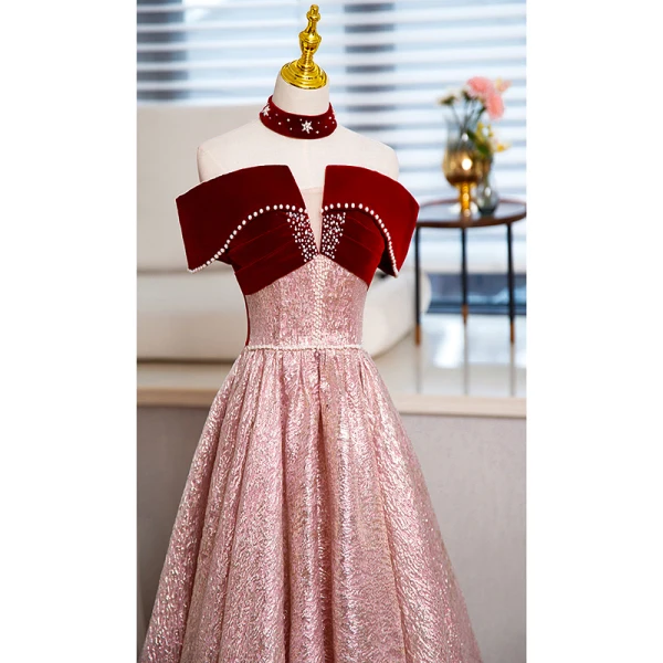 Chic / Beautiful Burgundy Beading Pearl Evening Dresses 2023 A-Line / Princess Off-The-Shoulder Short Sleeve Backless Floor-Length / Long Evening Party Formal Dresses