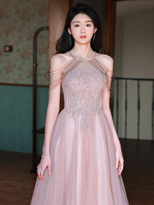 Chic / Belle Rougissant Rose Robe De Bal 2022 Princesse Titulaire Perlage Gland Paillettes En Dentelle Fleur Sans Manches Dos Nu Longue Robe De Ceremonie