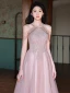 Chic / Belle Rougissant Rose Robe De Bal 2022 Princesse Titulaire Perlage Gland Paillettes En Dentelle Fleur Sans Manches Dos Nu Longue Robe De Ceremonie