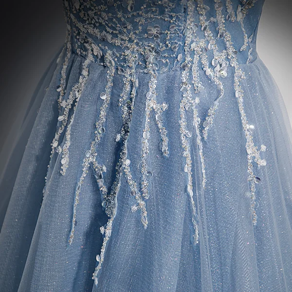 Chic / Beautiful Sky Blue Beading Sequins Prom Dresses 2022 A-Line / Princess V-Neck Puffy Short Sleeve Backless Floor-Length / Long Formal Dresses
