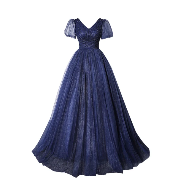 Vintage / Retro Navy Blue Beading Sequins Evening Dresses 2023 A-Line / Princess V-Neck Short Sleeve Backless Floor-Length / Long Evening Party Formal Dresses