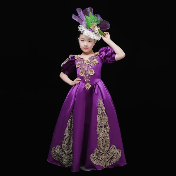 Vintage / Retro Medieval Black Flower Girl Dresses 2024 3D Lace Floral V-Neck Short Sleeve Floor-Length / Long A-Line / Princess Cosplay Prom Wedding Party Dresses