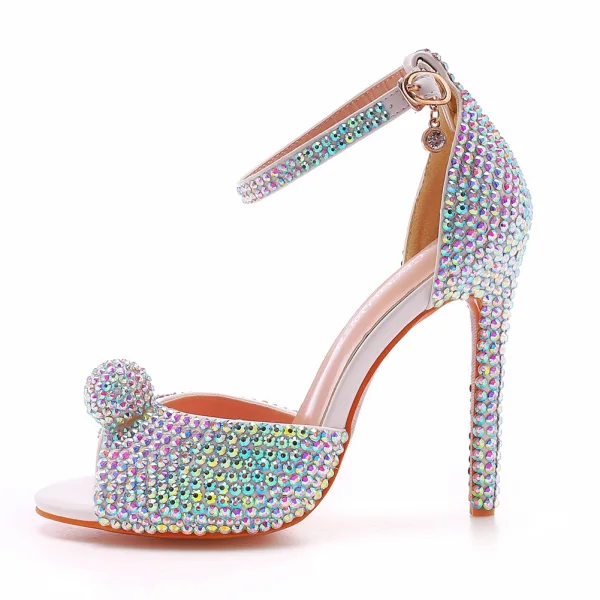 Glitzernden Multifarben Strass Abend Sandalen Damen 2022 Knöchelriemen 11 cm Stilettos Peeptoes Sandaletten Hochhackige