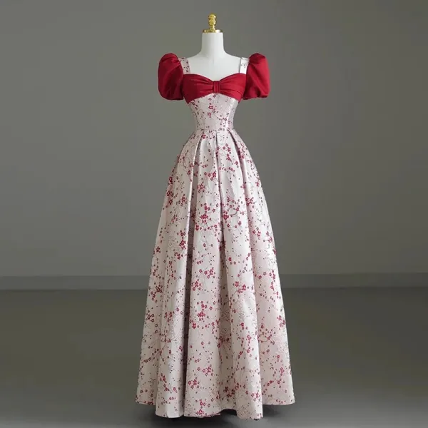 Elegant Burgundy Printing Satin Prom Dresses 2023 A-Line / Princess Square Neckline Bow Puffy Short Sleeve Backless Floor-Length / Long Formal Dresses