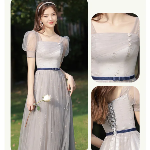 Modest / Simple Grey Bow Sash Bridesmaid Dresses 2023 A-Line / Princess Square Neckline Short Sleeve Floor-Length / Long Bridesmaid Dresses