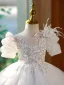 Fashion White Beading Sequins Tassel Short Birthday Flower Girl Dresses 2023 Ball Gown Scoop Neck Puffy Short Sleeve