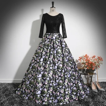 Vintage Originale Noire Impression Robe De Bal 2024 Robe Boule Encolure Dégagée Manches Longues Dos Nu Longue Promo Robe De Ceremonie