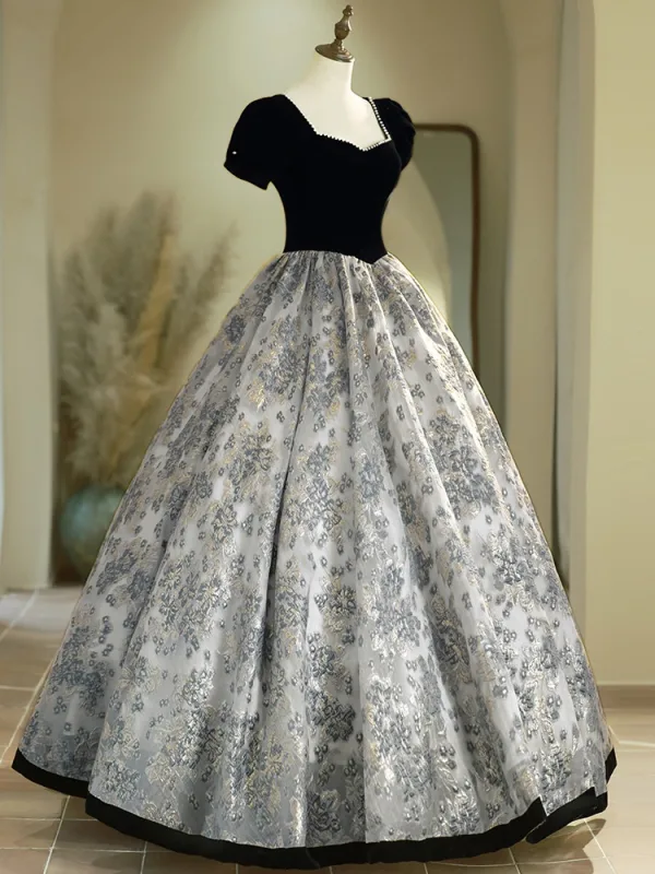 Vintage / Retro Black Pearl Velvet Printing Prom Dresses 2024 Ball Gown Square Neckline Short Sleeve Backless Floor-Length / Long Prom Formal Dresses