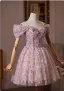 Fée Des Fleurs Rougissant Rose Perlage Perle Faux Diamant Appliques Courte Robe De Bal 2026 Robe Boule De l'épaule Manches Courtes Dos Nu Tulle Robe De Ceremonie