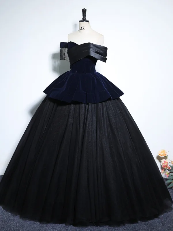 Vintage / Retro Navy Blue Beading Tassel Prom Dresses 2024 Ball Gown Off-The-Shoulder Short Sleeve Backless Floor-Length / Long Prom Formal Dresses