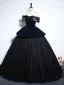 Vintage / Retro Navy Blue Beading Tassel Velvet Prom Dresses 2025 Ball Gown Off-The-Shoulder Short Sleeve Backless Floor-Length / Long Prom Formal Dresses