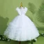 Chic / Beautiful White Birthday Beading Pearl Flower Girl Dresses 2022 Ball Gown Cascading Ruffles Scoop Neck Ruffle Short Sleeve Backless Floor-Length / Long Flower Girl Dresses