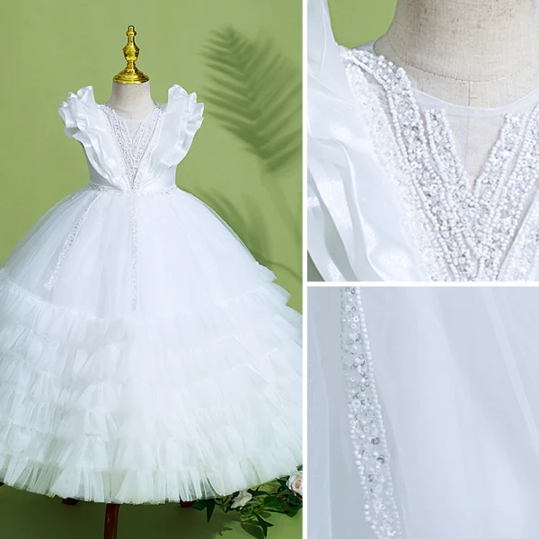 Chic / Beautiful White Birthday Beading Pearl Flower Girl Dresses 2022 Ball Gown Cascading Ruffles Scoop Neck Ruffle Short Sleeve Backless Floor-Length / Long Flower Girl Dresses