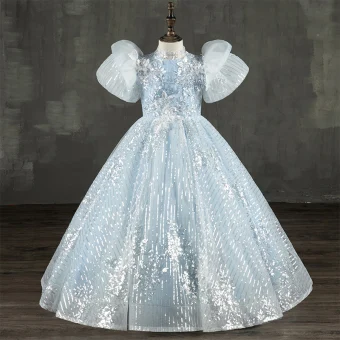Scintillantes Charmant Bleu Ciel Perlage Paillettes En Dentelle Fleur Robe Ceremonie Fille 2022 Robe Boule Col Haut Gonflée Manches Courtes Longue Promo Robe Ceremonie Fille