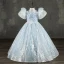 Sparkly Charming Sky Blue Beading Sequins Lace Flower Flower Girl Dresses 2022 Ball Gown High Neck Puffy Short Sleeve Floor-Length / Long Prom Flower Girl Dresses