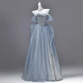 Bling Bling Bleu Ciel Faux Diamant Paillettes Appliques Robe De Bal 2026 Princesse De L Épaule Manches Courtes Dos Nu Longue Robe De Ceremonie