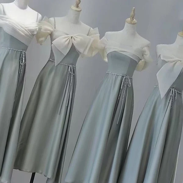 Modest / Simple Grey Satin Bridesmaid Dresses 2022 A-Line / Princess Spaghetti Straps Short Sleeve Pearl Sash Backless Tea-length Bridesmaid Dresses