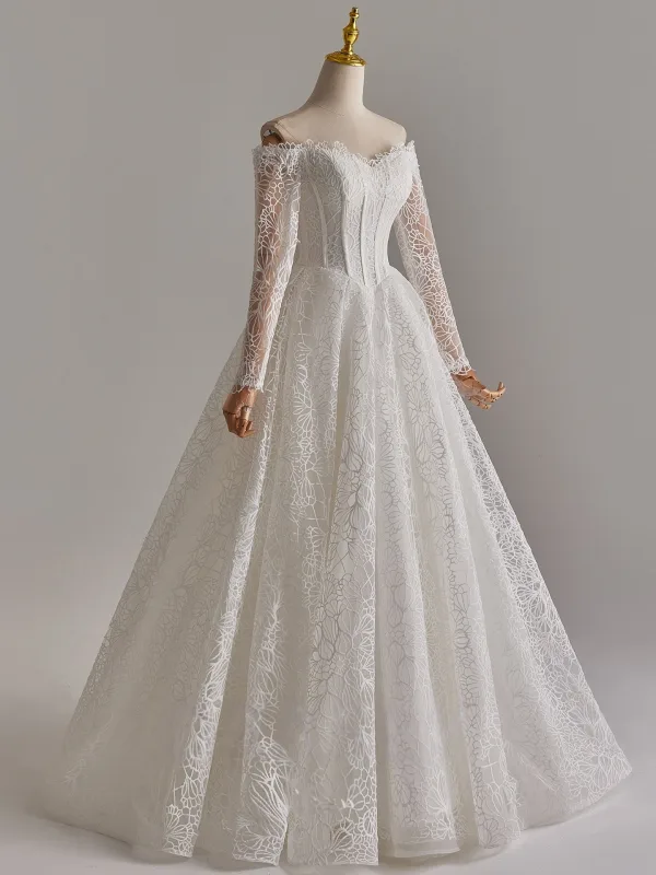 Modest / Simple White Lace Flower Wedding Dresses 2025 A-Line / Princess Off-The-Shoulder Long Sleeve Backless Floor-Length / Long