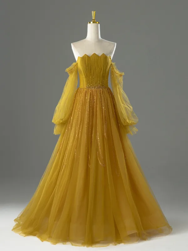 Vintage / Retro Yellow Beading Sequins Prom Dresses 2026 A-Line / Princess Off-The-Shoulder Long Sleeve Backless Floor-Length / Long Formal Dresses