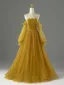 Vintage / Retro Yellow Beading Sequins Prom Dresses 2026 A-Line / Princess Off-The-Shoulder Long Sleeve Backless Floor-Length / Long Formal Dresses