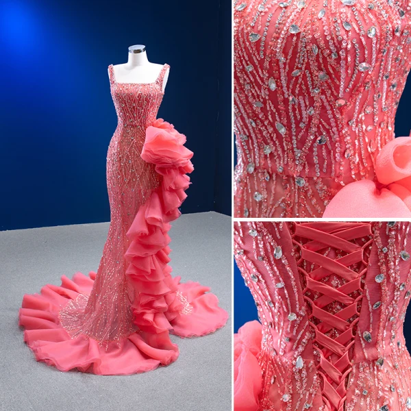 Haut de Gamme Chic / Belle Rose Bonbon Perlage Faux Diamant Paillettes Volants Robe De Soirée 2023 Trompette / Sirène Encolure Carrée Sans Manches Dos Nu Tribunal Train Soirée