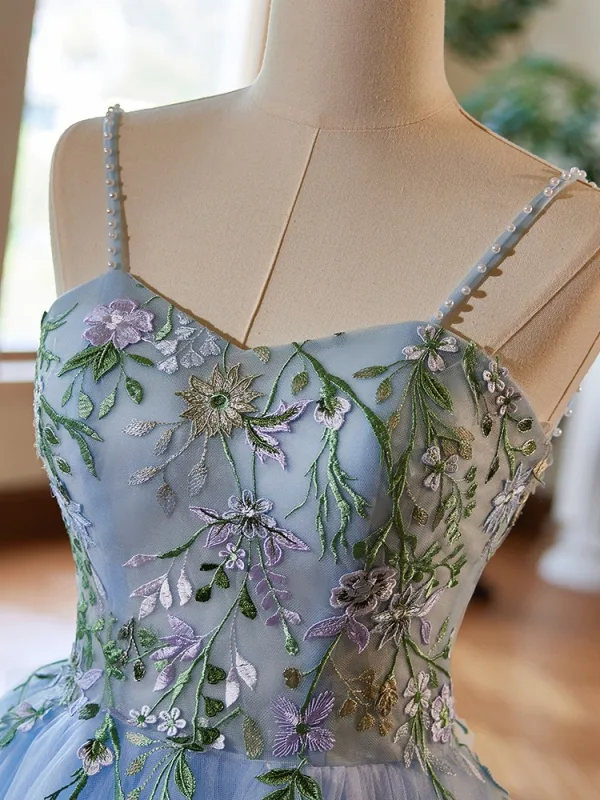 Elegante Himmelblau Spitze Blumen Ballkleider 2024 Ballkleid Spaghettiträger Ärmellos Rückenfreies Lange Tülle Ball Festliche Kleider