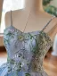 Elegante Himmelblau Spitze Blumen Ballkleider 2024 Ballkleid Spaghettiträger Ärmellos Rückenfreies Lange Tülle Ball Festliche Kleider