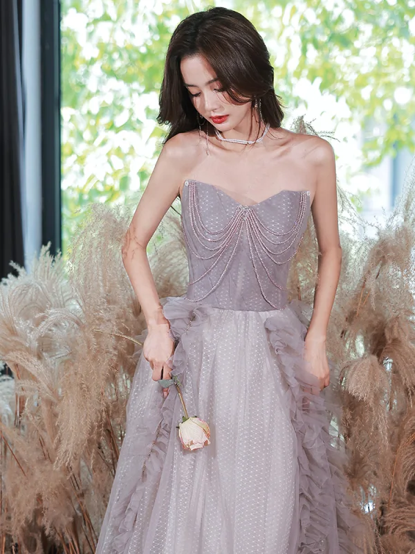 Chic / Beautiful Grey Beading Spotted Prom Dresses 2023 A-Line / Princess Strapless Short Sleeve Backless Floor-Length / Long Prom Formal Dresses