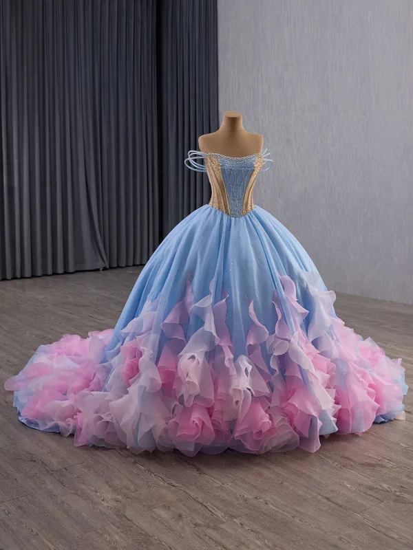 High-end Fashion Sky Blue Cascading Ruffles Sequins Rhinestone Prom Dresses 2025 Ball Gown Strapless Sleeveless Backless Court Train Formal Dresses