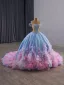High-end Fashion Sky Blue Cascading Ruffles Sequins Rhinestone Prom Dresses 2025 Ball Gown Strapless Sleeveless Backless Court Train Formal Dresses