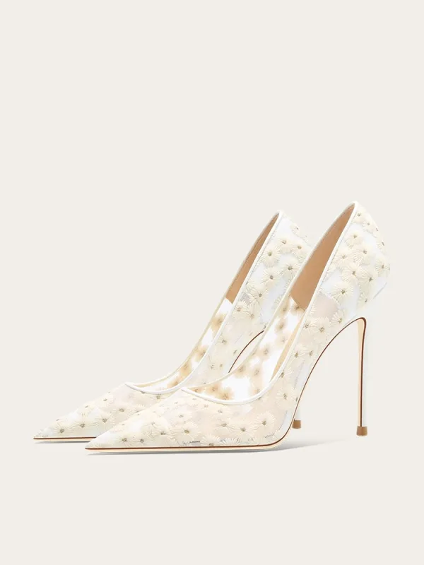 Mode Blanche Marguerite Brodé Chaussure De Mariée 2024 10 cm Talons Aiguilles À Bout Pointu Mariage Escarpins Talons Hauts