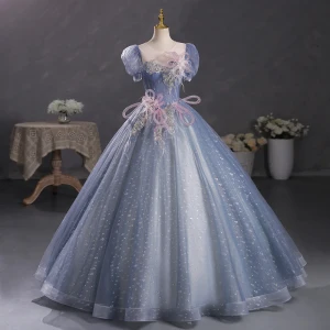 Chic Beautiful Ocean Blue Sequins Pearl Lace Flower Prom Dresses 2023 Ball Gown Scoop Neck Puffy Short Sleeve Tassel Backless Floor Length Long Prom Formal Dresses