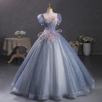 Chic Belle Océan Bleu Paillettes Perle En Dentelle Fleur Robe De Bal 2023 Robe Boule Encolure Dégagée Gonflée Manches Courtes Gland Dos Nu Longue Promo Robe De Ceremonie