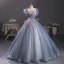 Chic / Beautiful Ocean Blue Sequins Pearl Lace Flower Prom Dresses 2023 Ball Gown Scoop Neck Puffy Short Sleeve Tassel Backless Floor-Length / Long Prom Formal Dresses