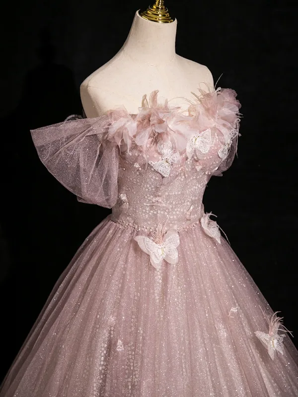 Elegant Blushing Pink Butterfly Appliques Sequins Prom Dresses 2024 Ball Gown Off-The-Shoulder Sleeveless Backless Floor-Length / Long Prom Formal Dresses