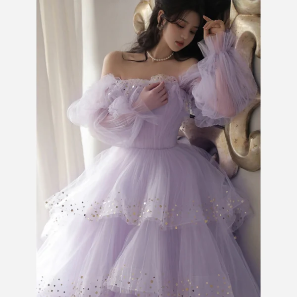 Schöne Lavendel Rüschen Pailletten Ballkleider 2022 A Linie Off Shoulder Geschwollenes Lange Ärmel Rückenfreies Lange Ball Festliche Kleider
