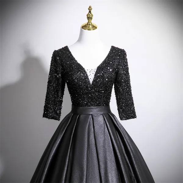 Vintage / Retro Black Sequins Prom Dresses 2025 Ball Gown V-Neck 3/4 Sleeve Backless Floor-Length / Long Formal Dresses