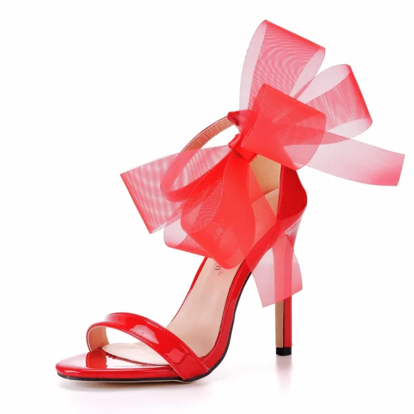 Sexy Rouge Soirée Été Sandales Femme 2023 Bride Cheville Noeud 11 cm Talons Aiguilles Peep Toes / Bout Ouvert Sandales Talons Hauts