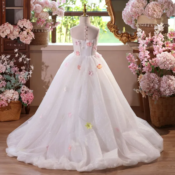 Chic / Beautiful White Appliques Birthday Asymmetrical Flower Girl Dresses 2025 Ball Gown Scoop Neck Sleeveless Tulle