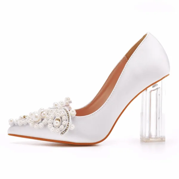 Chic / Beautiful White Pearl Rhinestone Wedding Shoes 2023 Satin 9 cm Crystal Thick Heels Pointed Toe Wedding Pumps High Heels
