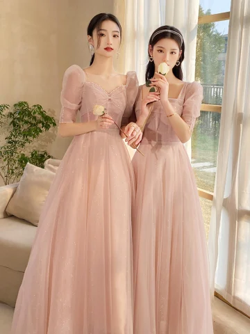 Modest Simple Blushing Pink Pearl Sequins Bridesmaid Dresses 2022 A Line Princess Square Neckline Short Sleeve Backless Bow Floor Length Long Bridesmaid Formal Dresses