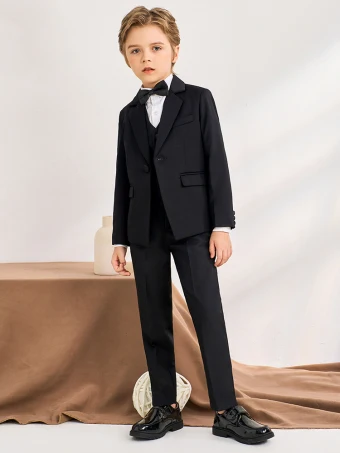 5 Piece Black Long Sleeve Wedding Boys Wedding Suits 2024 Coat Pants Shirt Tie Vest