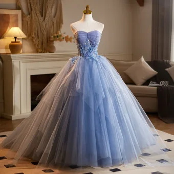 Chic Belle Bleu Ciel Perle En Dentelle Fleur Appliques Robe De Bal 2025 Robe Boule Bustier Sans Manches Dos Nu Longue Promo Robe De Ceremonie