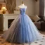 Chic / Beautiful Sky Blue Pearl Lace Flower Appliques Prom Dresses 2025 Ball Gown Strapless Sleeveless Backless Floor-Length / Long Prom Formal Dresses